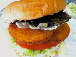 Vegan fish burger at Loving Hut Vancouver vegan food truck